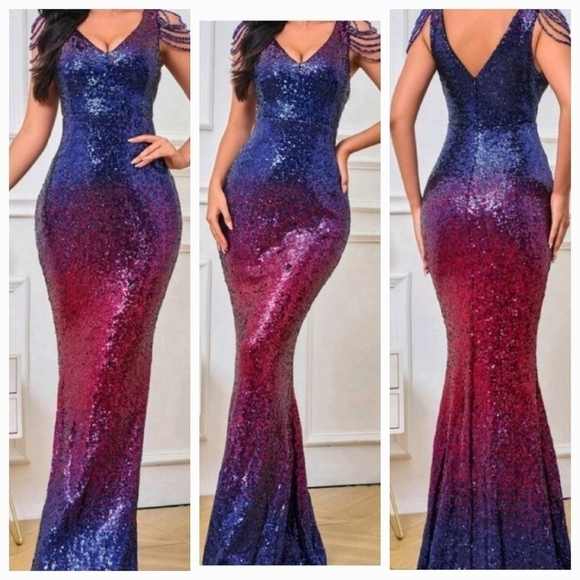 Red/ Violet,  V Neck , Sleeveless,  Backless,  Contrast Sequined Mermaid… - Picture 12 of 15
